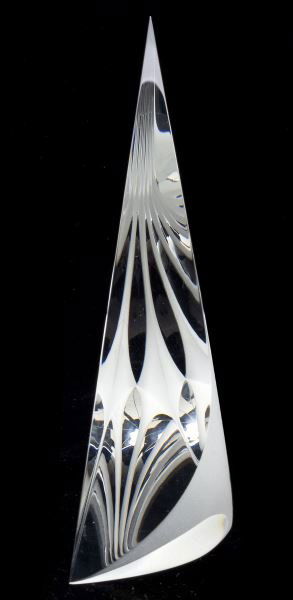 Christopher Ries, Clear Glass Sculpture: Christopher Ries, Clear Glass Sculpture(Am., 20th century) signed and dated 2/4/95, clear lead crystal with frosted edges creating an optic illusion when viewed through various facets.6.25 x 7 x 2.25