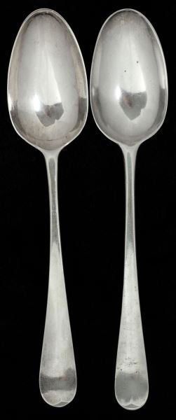 Two Picture Back Silver Spoons by Hester Bateman: Two Picture Back Silver Spoons by Hester Batemanthe first with decorative shell to bowl, London (1776) hallmarks, bright cut engraved monogram to verso of terminus (8.25 in.; 1.75 troy oz.); and the s