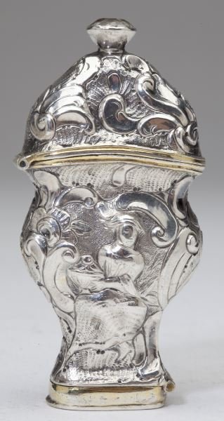 Dutch Silver Marriage Box: Dutch Silver Marriage Box18th century, baluster form with Rococo period floral and figural repousse decoration, hinged cover with inset paste "jewel" to finial, hinged bottom with period monogram and