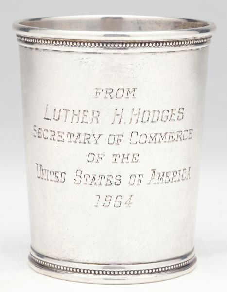 Mark Scearce Sterling Silver KY Mint Julep Cup: Mark Scearce Sterling Silver KY Mint Julep Cupwith important NC political ties. Engraved "From Luther H. Hodges / Secretary of Commerce / of the / United States of America / 1964," fully hallmarked by