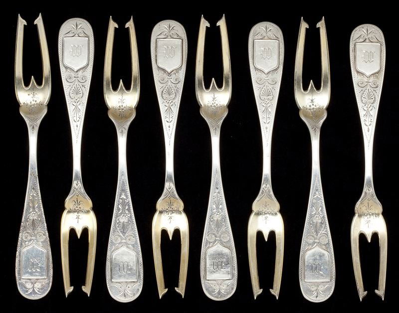 Set of Eight Duhme & Co. Coin Silver Forks: Set of Eight Duhme & Co. Coin Silver Forksan unusual design featuring two spurred tines, the handles with bright-cut engraved decoration and applied shield-form cartouche with "W" monogram.6 5/8 in.10