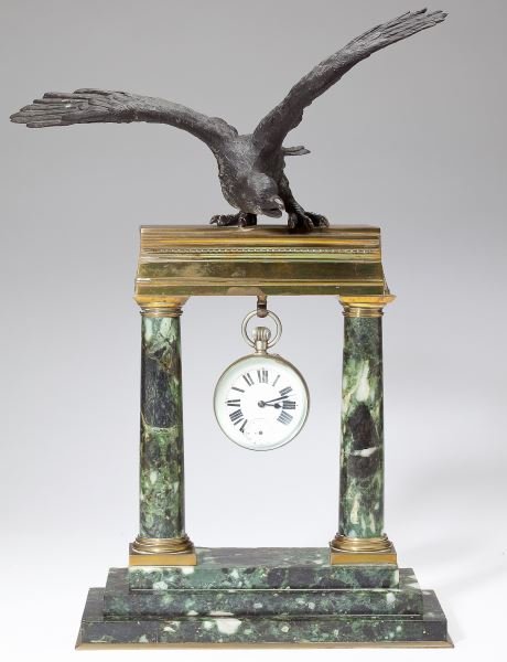 Crystal Ball Clock with Bronze Eagle: Crystal Ball Clock with Bronze Eagle unmarked, likely French, 19th century, porcelain face with subsidiary seconds dial, German silver mounts, the orb suspended between two green marble columns set on