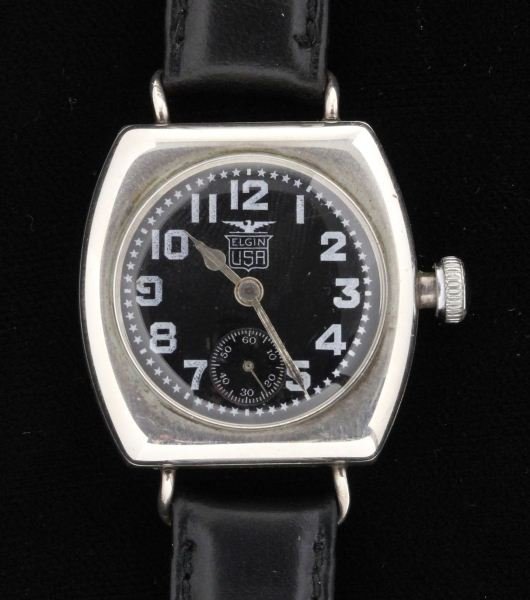 Gent's "Black Jack Pershing" Watch, Elgin: Gent's "Black Jack Pershing" Watch, Elgin sterling silver case, 15 jewels, the verso engraved "Walter W. Fairweather / Aug 1st 1918 / Presented By His / Savage Arms Corp / Co-Workers," numbered 571970