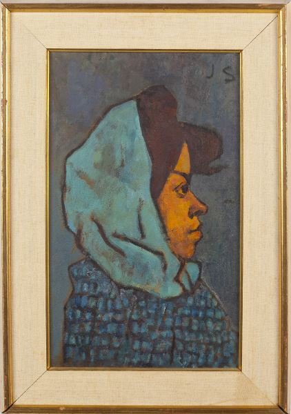 Joseph Solman (NY, 1909-2008), "The Blue Scarf": Joseph Solman (NY, 1909-2008), "The Blue Scarf"oil on board, monogrammed at upper right "JS," the verso with a self-portrait of the artist and inscribed "The Blue Scarf by J. S." and "Self-portrait,"