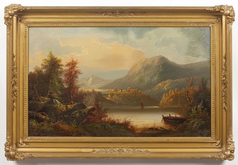 Hudson River School Landscape: Hudson River School Landscape oil on canvas, unsigned, presented in the likely original gilt composition frame. SS 21.5 x 35.5 in.; DOA 29.5 x 43.5 in.