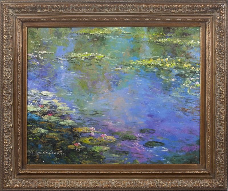 Thomas de Decker (WY/CO, b. 1951), Water Lilies: Thomas de Decker (WY/CO, b. 1951), Water Lilies oil on canvas, signed at lower left, titled "Sky Reflections with Water Lilies" and signed on the verso, presented in an attractive gilt frame. SS 23.5 