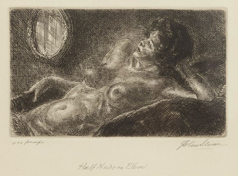 John Sloan (NY, 1871-1951), "Half Nude on Elbow": John Sloan (NY, 1871-1951), "Half Nude on Elbow"etching and engraving on paper, signed at lower right and inscribed "100 Proof," matted and framed under glass.SS 4.75 x 6.25 in.; DOA 10.5 x 12 in.Coll