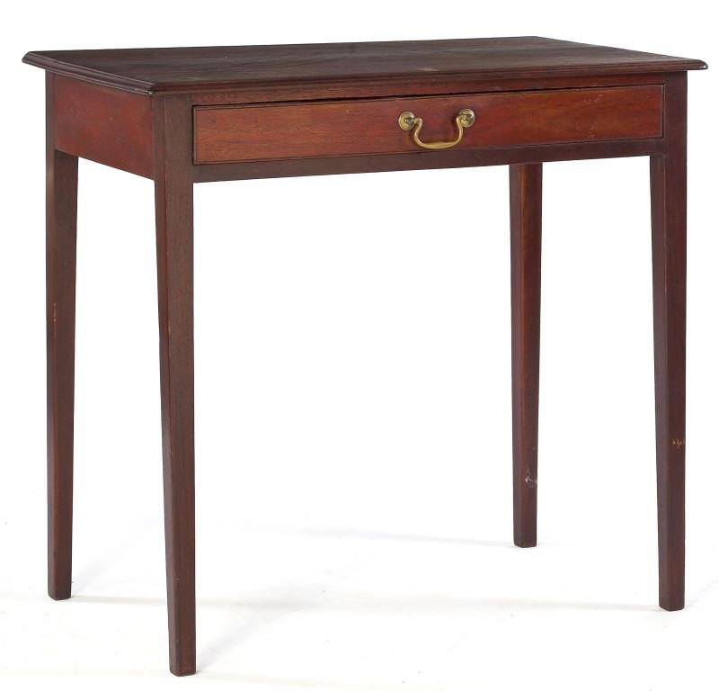 A Fine English Hepplewhite Dressing Stand: A Fine English Hepplewhite Dressing Stand circa 1800, mahogany, pine secondary, the one board top with molded edge above a single scratch-beaded drawer, raised on straight tapered legs. 28 x 29.5 x 17