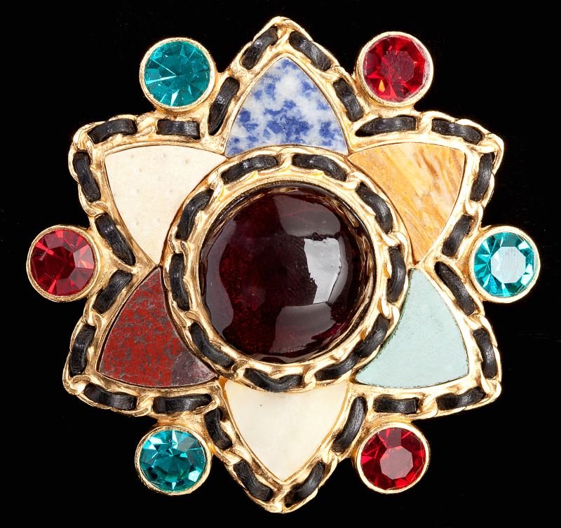 Large Gripoix Clip Brooch, Chanel: Large Gripoix Clip Brooch, Chanel French, Autumn 1995, probably couture and designed by Karl Lagerfeld for the runway, designed as a massive six point star centering on one very large plum colored rou