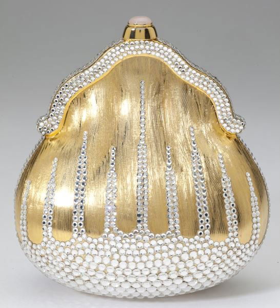 Chatelaine Style Minaudiere, Judith Leiber: Chatelaine Style Minaudiere, Judith LeiberAmerican, vintage bag circa 1991, designed in the shape of an antique change purse, the exterior composed of a hard sided satin finish gold tone body decorate