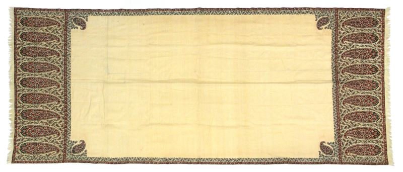 19th Century Kashmiri Paisley Shawl: 19th Century Kashmiri Paisley Shawl wool with open cream field and with a seventeen-inch embroidered boteh border to each end and a two-inch floral and rosette side embroidery, with applied end fringe