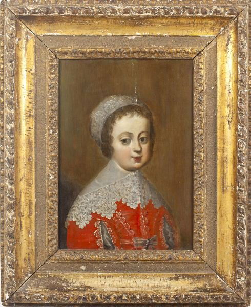 Dutch School Portrait of a Young Boy: Dutch School Portrait of a Young Boy17th century, oil on cradled panel, unsigned, bust length portrait of a young boy in gold embroidered red jacket with lace collar and cap, presented in a very fine