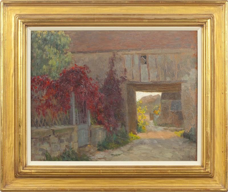 Alexandre Jacob (Fr., 1876-1972), Courtyard: Alexandre Jacob (Fr., 1876-1972), Courtyard oil on pine panel, with the artist's estate stamp on the verso, presented in a gilt frame. SS 12.5 x 15.75 in.; DOA 18.25 x 21.5 in.