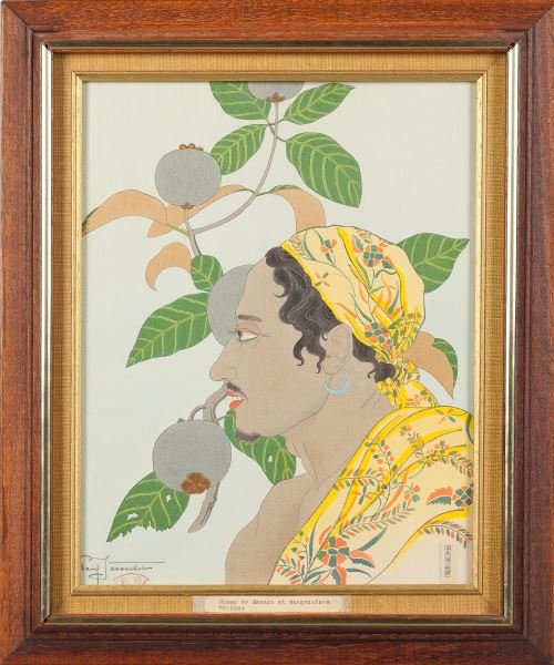 Paul Jacoulet (1902-1960), Woodblock Print: Paul Jacoulet (1902-1960), Woodblock Print titled "Homme De Menado Et Magoustans, Celebe," trimmed, signed in pencil at lower left and with artist's seal, framed. Paper size 14 1/16 x 11 1/8 in.