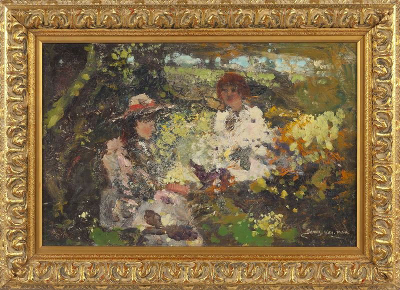 James Kay (Scottish, 1858-1942), Two Girls: James Kay (Scottish, 1858-1942), Two Girlsoil on canvas, signed at lower right "James Kay RSA," the verso of the canvas with a London artist supply stencil, presented in a likely original gilt frame.