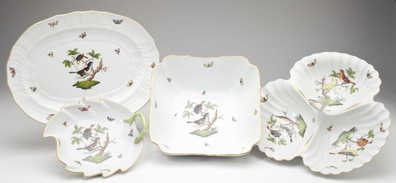 Four Herend Rothschild "Bird" Serving Dishes: Four Herend Rothschild "Bird" Serving Dishes to include: a leaf form serving dish (.5 x 8.5 x 7.75 in.); a large relish serving dish, three divisions each in the shape of a shell (5 x 13 in.); a platt