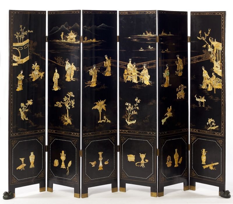 Chinese Black Lacquer Floor Screen: Chinese Black Lacquer Floor Screen 20th century, constructed of six panels each decorated on one side with young beauties amidst floral and landscape elements, the figures, with ivory faces and hands,