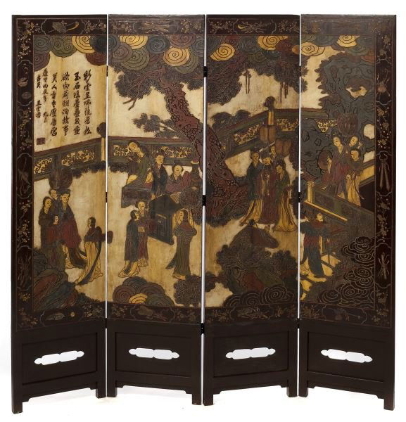 Chinese Four Panel Floor Screen: Chinese Four Panel Floor ScreenQing Dynasty, brown lacquered front with carved out and painted depictions of young beauties, the upper left with poem possibly by Wang Wei, the reverse with six vertica