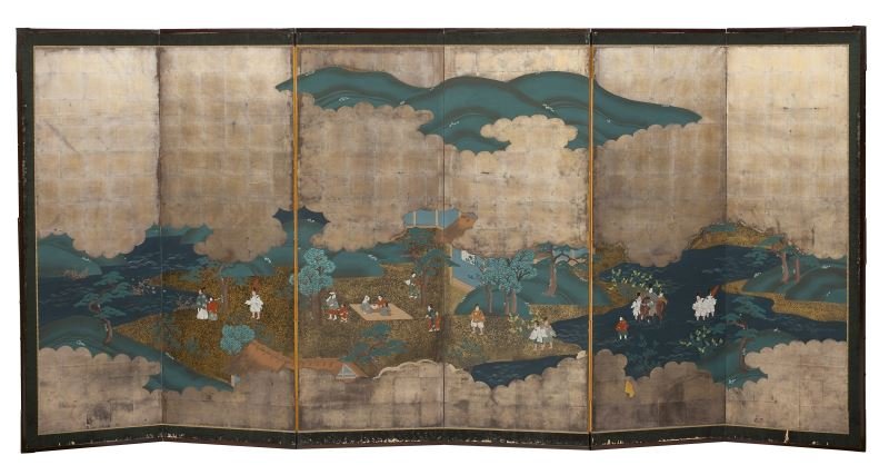 Japanese Six Panel Floor Screen: Japanese Six Panel Floor Screen probably Edo or early Meiji Period, of folding but connected form, the polychrome panels depict a continuous painted scene of figures engaged in leisure activities cent