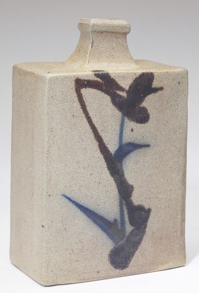 A Japanese Studio Pottery Vase, Shoji Hamada: A Japanese Studio Pottery Vase, Shoji Hamada (Japan 1894-1978), square stoneware vase with cobalt and brown sugar cane glaze applied in an abstract foliate design. 7.75 in. Hamada is regarded as one o