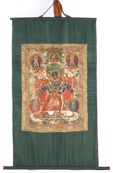 Antique Tibetan Silk Thangka: Antique Tibetan Silk Thangka 19th century or earlier, a Buddhist painting on silk with brocade and silk borders, the central deities shown are Chakrasamvara and Vajravarahi. DOA 49.5 x 28.5 in. Estate
