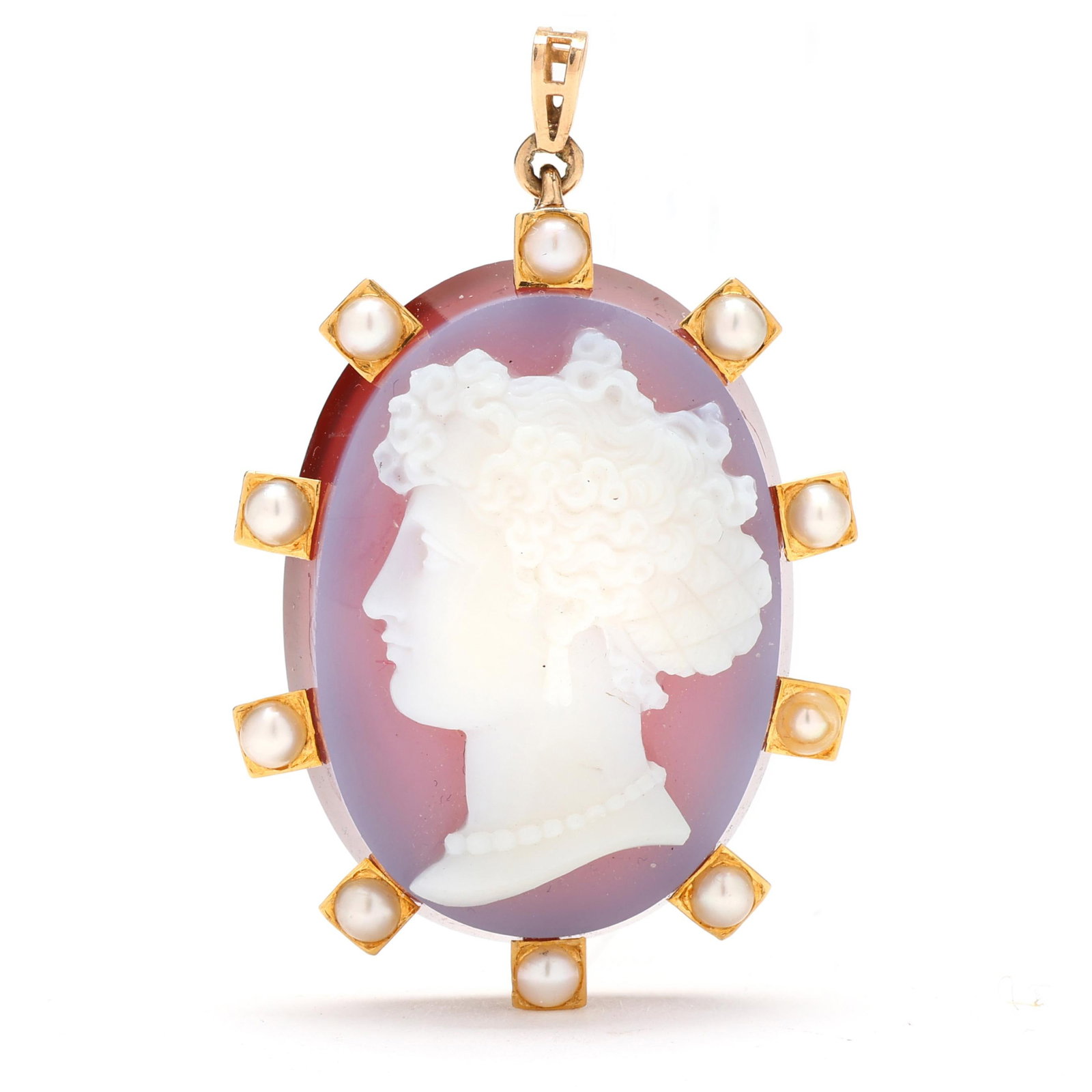 Gold, Carved Sardonyx, and Pearl Cameo Pendant (1 of 3)