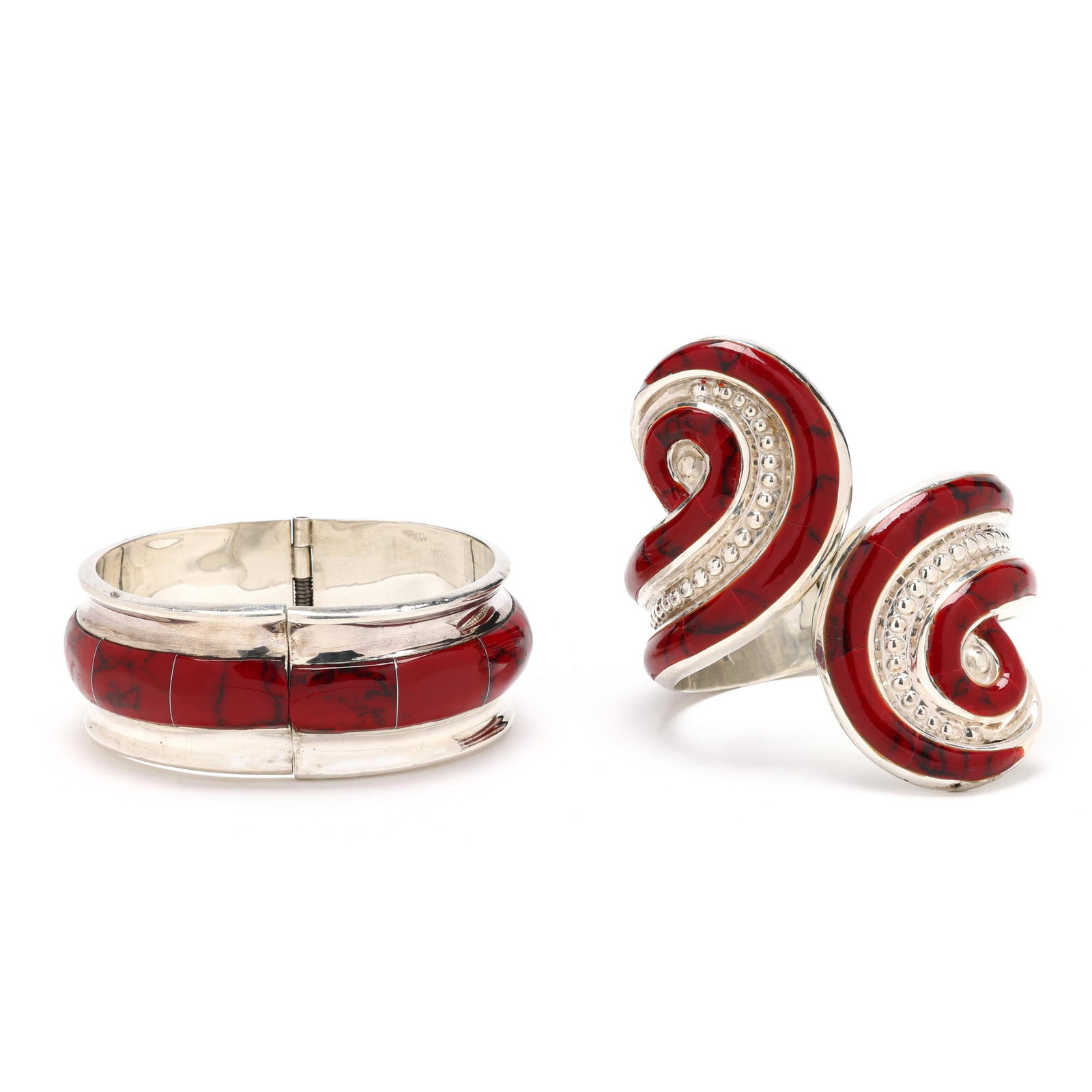 Two Silver and Red Enamel Bracelets, Mexico (1 of 7)