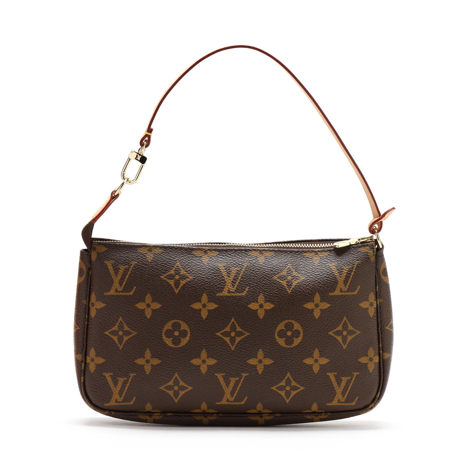 Canvas Pochette Accessoires Bag, Louis Vuitton: Canvas Pochette Accessoires Bag, Louis Vuittonthe exterior in monogram canvas with gold-tone hardware, flat Vachetta leather handle, and brand stamp stating made in France, the interior in brown canva