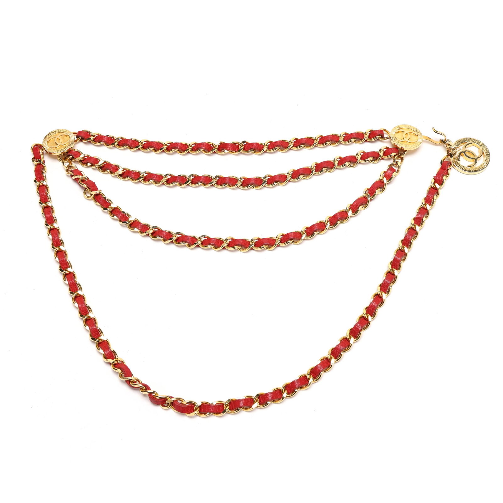 Gold-Tone and Leather Chain Belt, Chanel: Gold-Tone and Leather Chain Belt, Chanelthe gold-tone chain link belt with woven red leather, with two CC logo stations suspending two woven chains, completed with hook clasp and lobster clasp, suspen