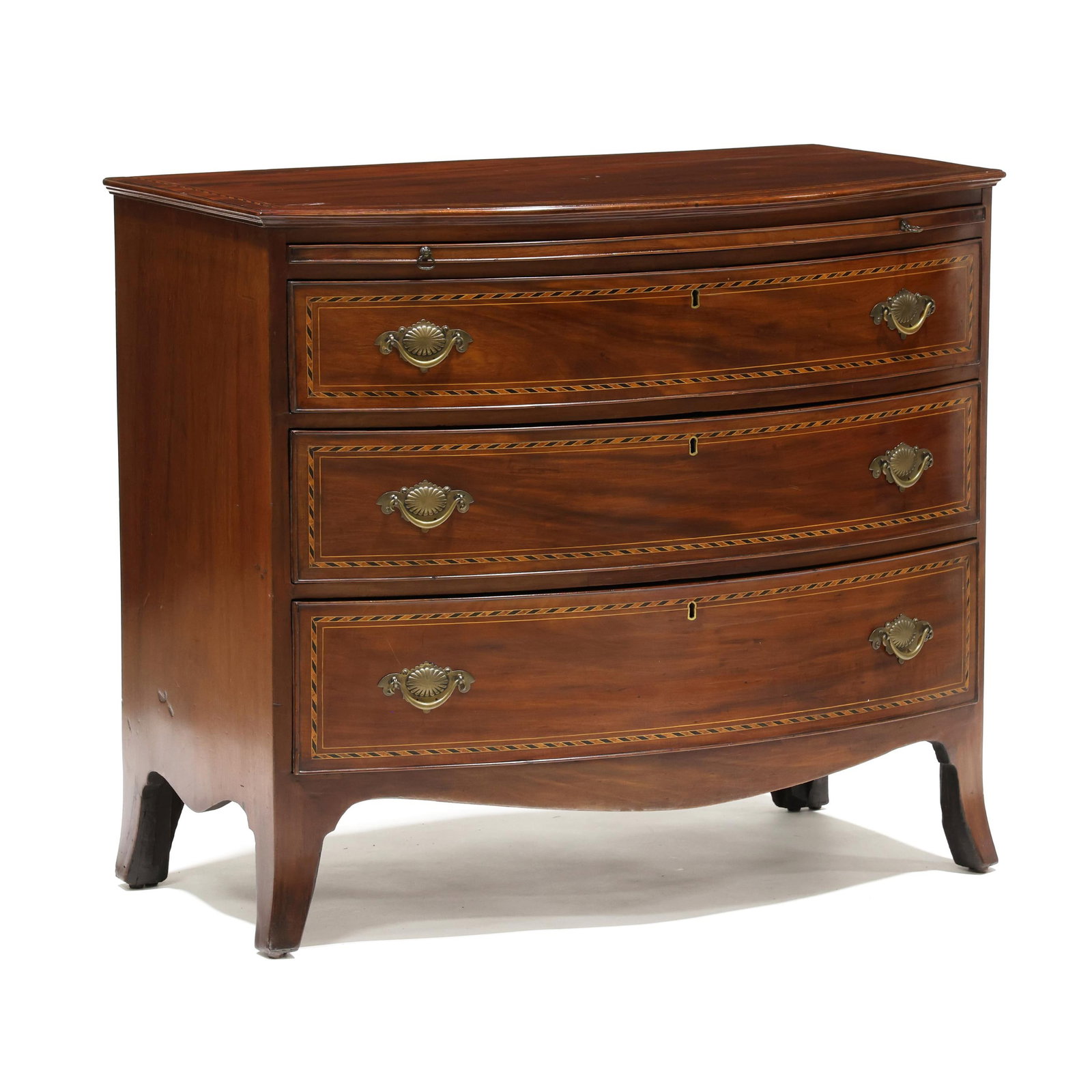 George III Inlaid Mahogany Bow-Front Chest of Drawers: George III Inlaid Mahogany Bow-Front Chest of Drawerscirca 1800, mahogany, mahogany veneer with light and dark wood inlays, deal and pine secondary, top with applied molded edge, pull out dressing sli