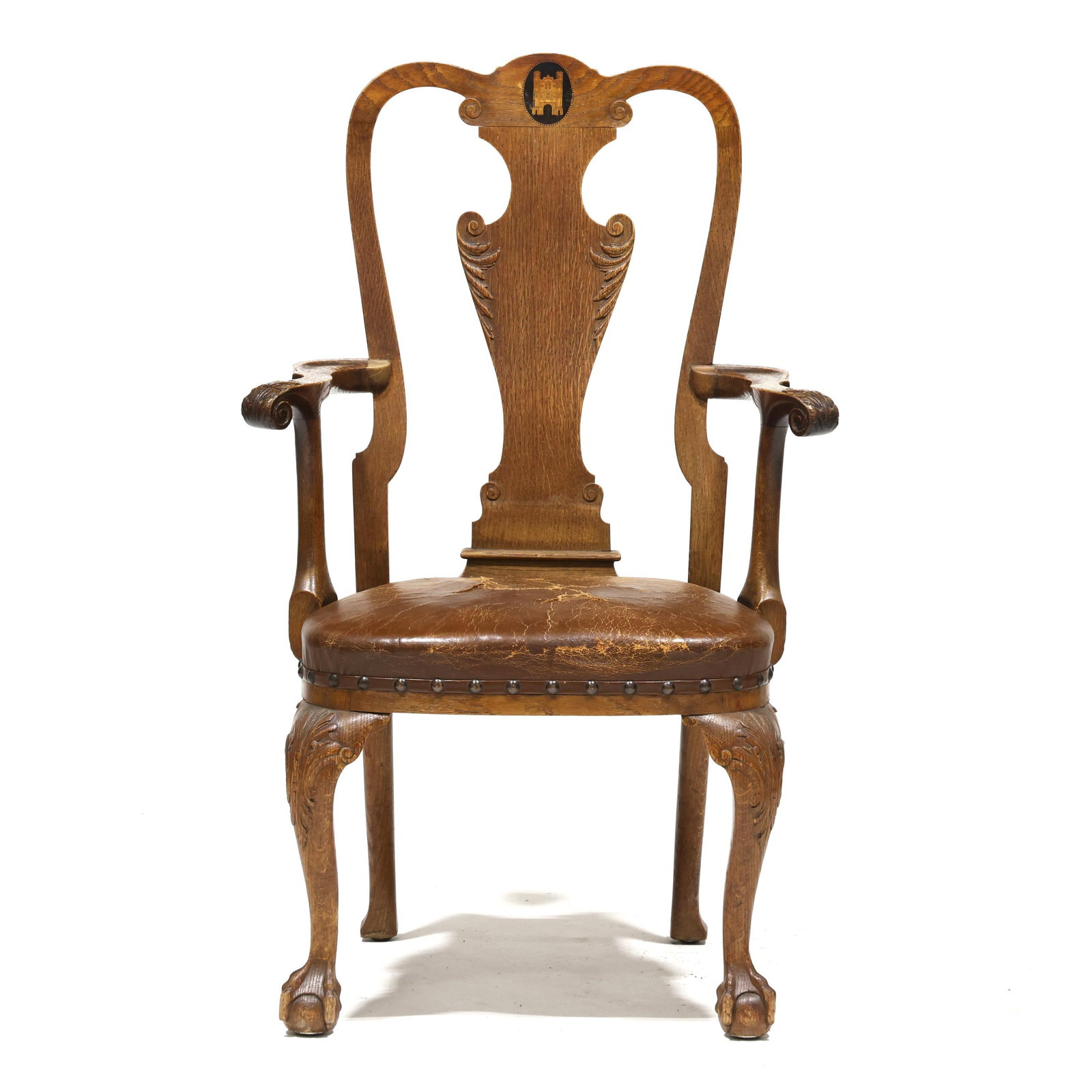 Antique English Carved and Inlaid Oak Armchair (1 of 8)