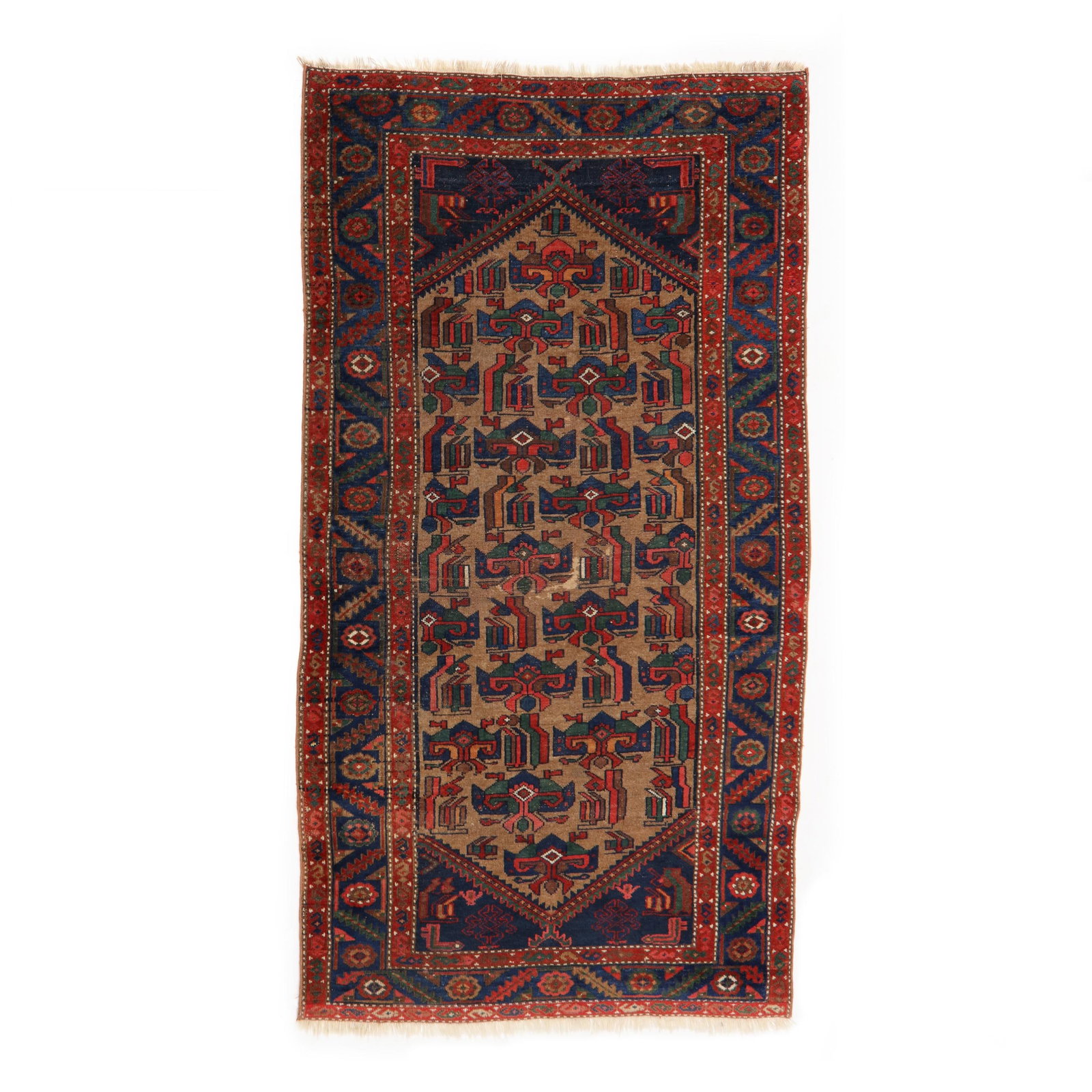 Semi Antique Tribal Area Rug: Semi Antique Tribal Area Rugwool on wool foundation, the tan field filled with abstract multicolored palmette motifs, dark blue sawtooth spandrels, main dark blue border with repeating floral and foli