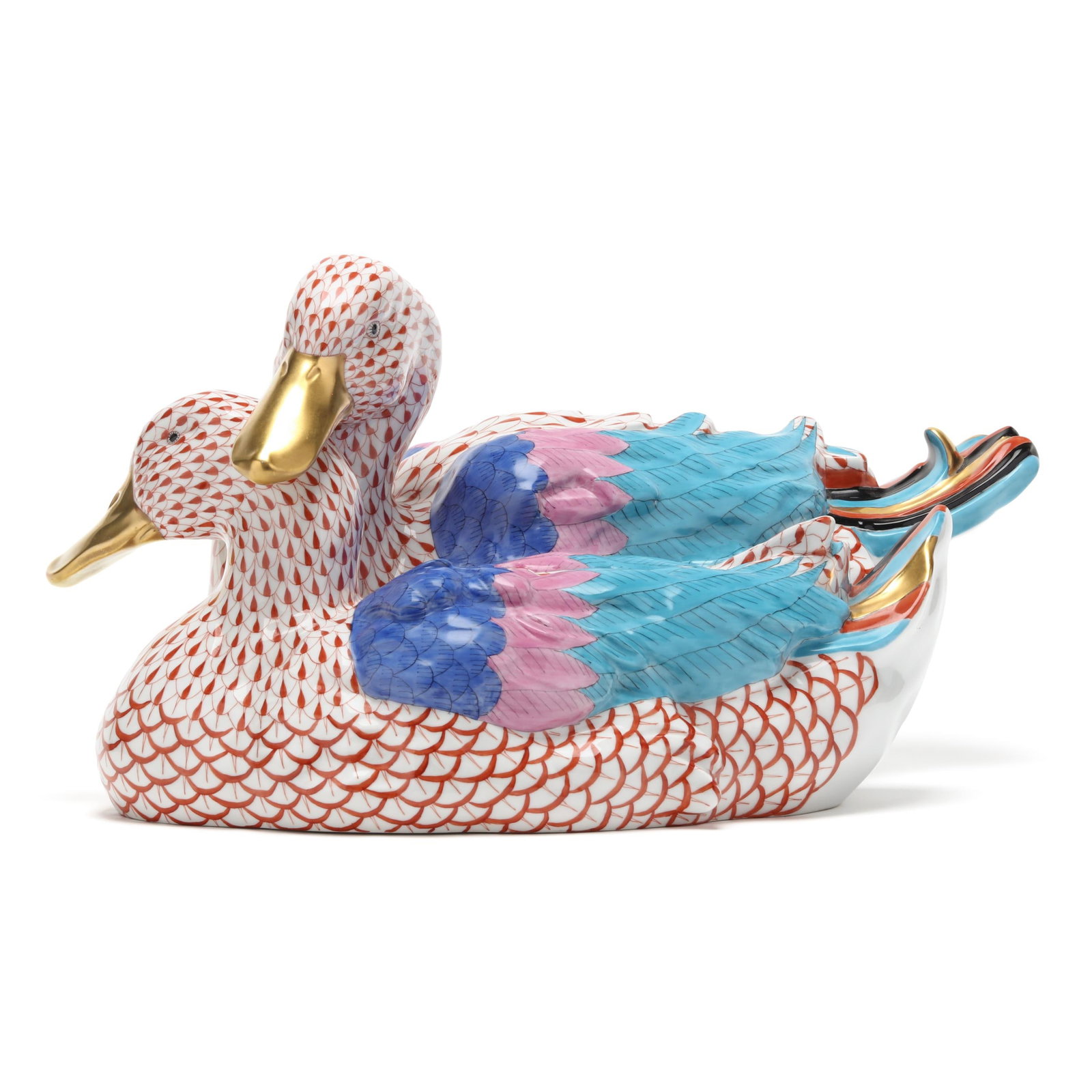 Herend Large Rust Fishnet Porcelain Pair of Ducks (1 of 6)