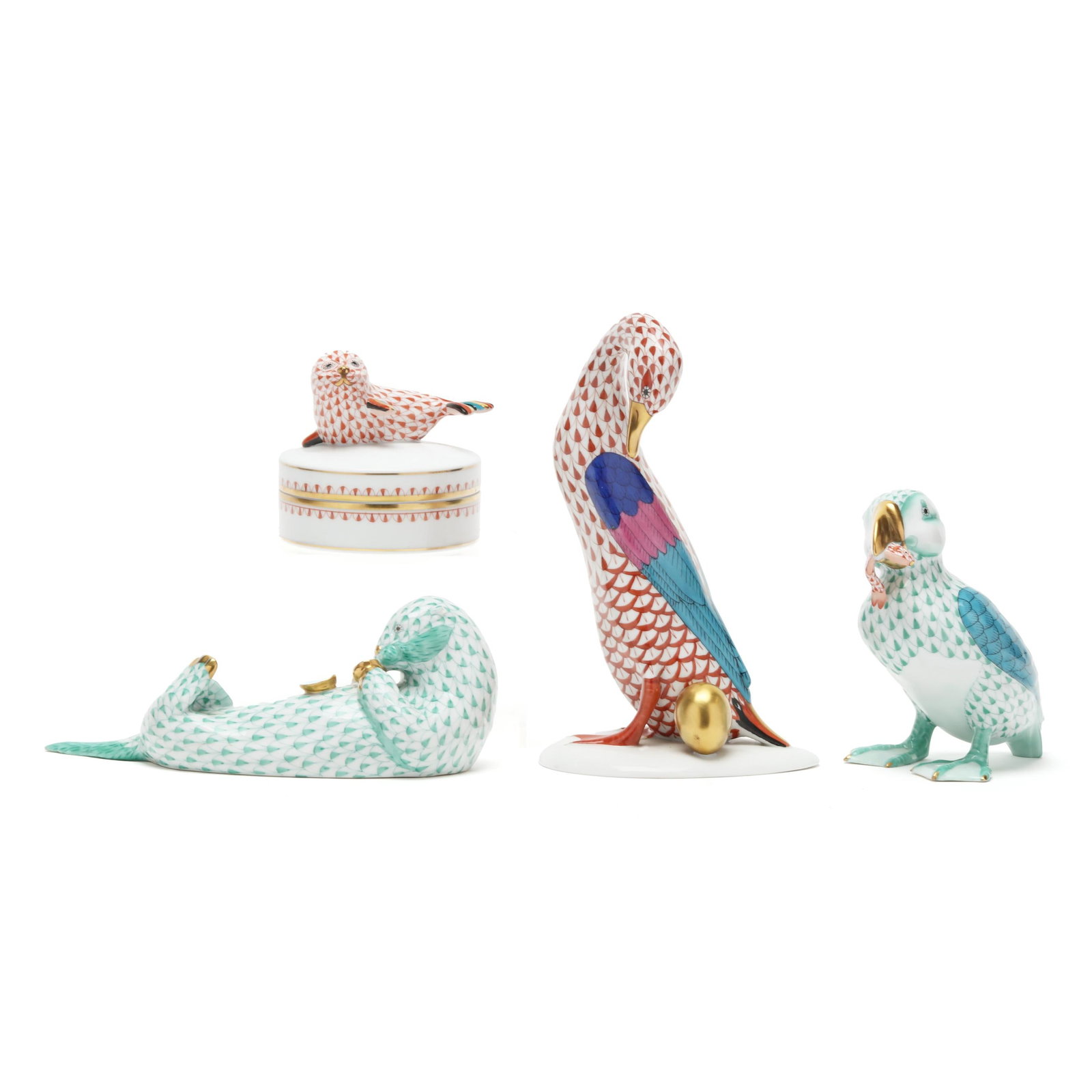 Three Herend Fishnet Porcelain Animals and a Trinket Box (1 of 11)