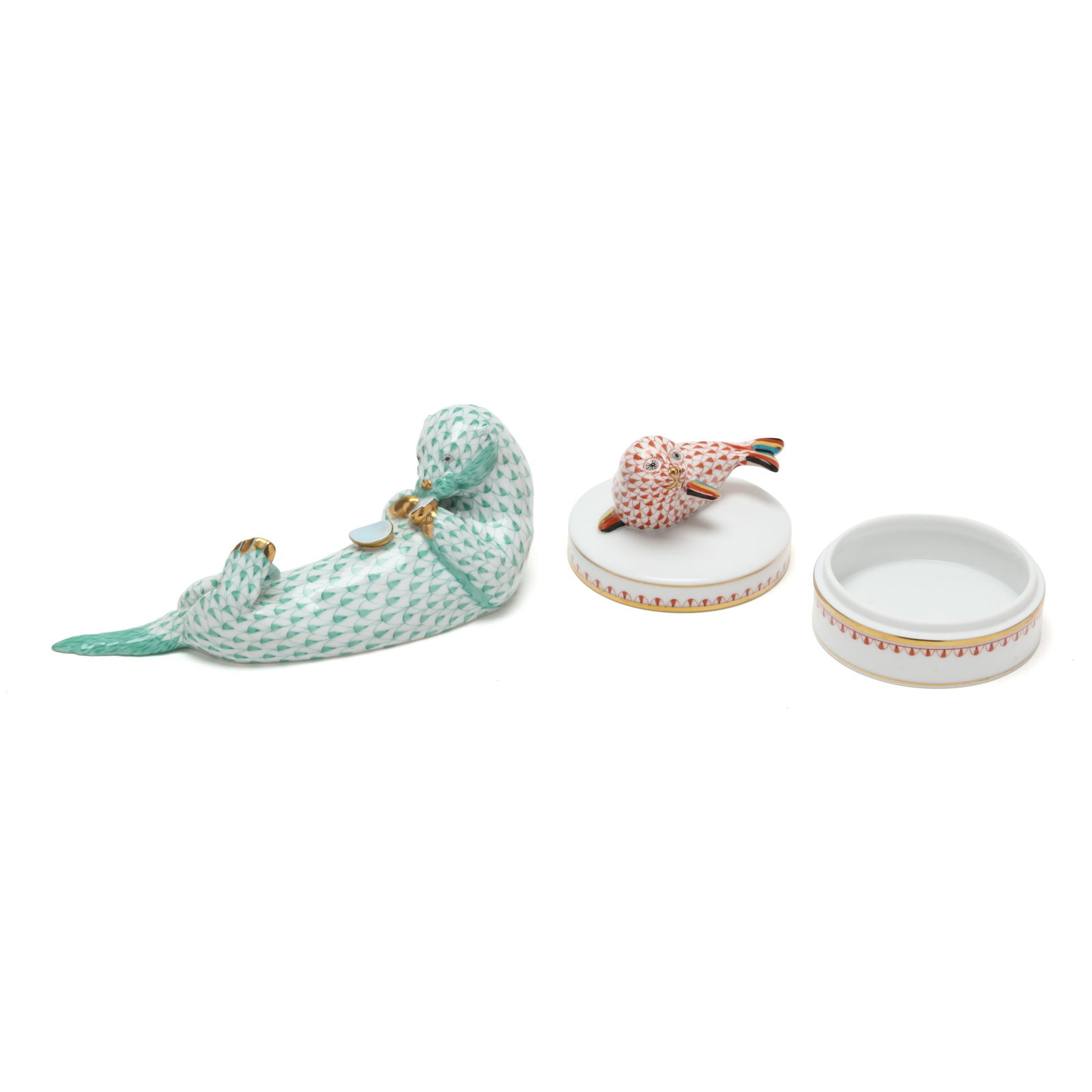 Three Herend Fishnet Porcelain Animals and a Trinket Box - 7