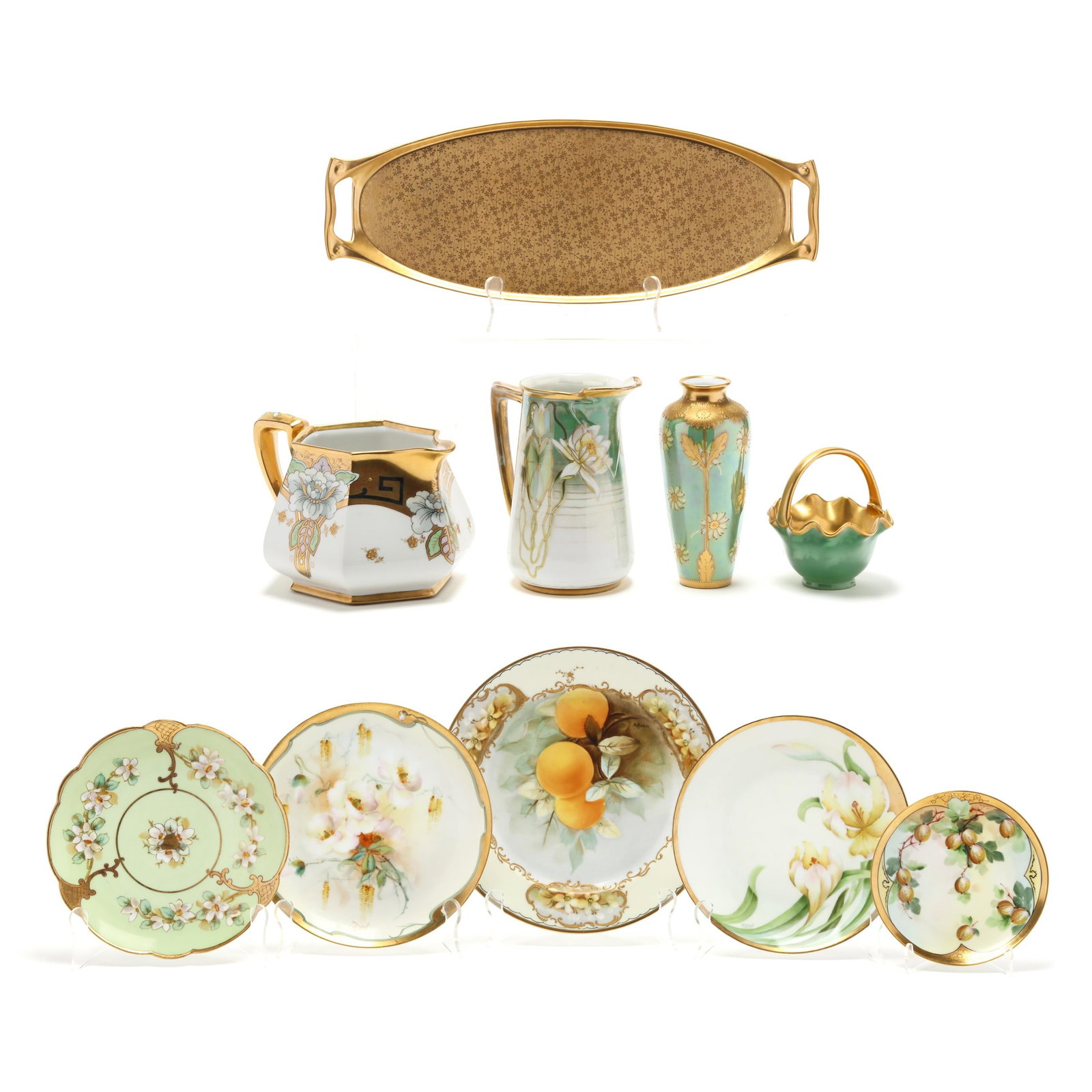 A Group of Pickard China with Yellow and Green Fruits and Flowers: A Group of Pickard China with Yellow and Green Fruits and Flowersearly 20th century, (10) hand-painted and gilt porcelain pieces, some with various porcelain marks, including a long oval dual handled
