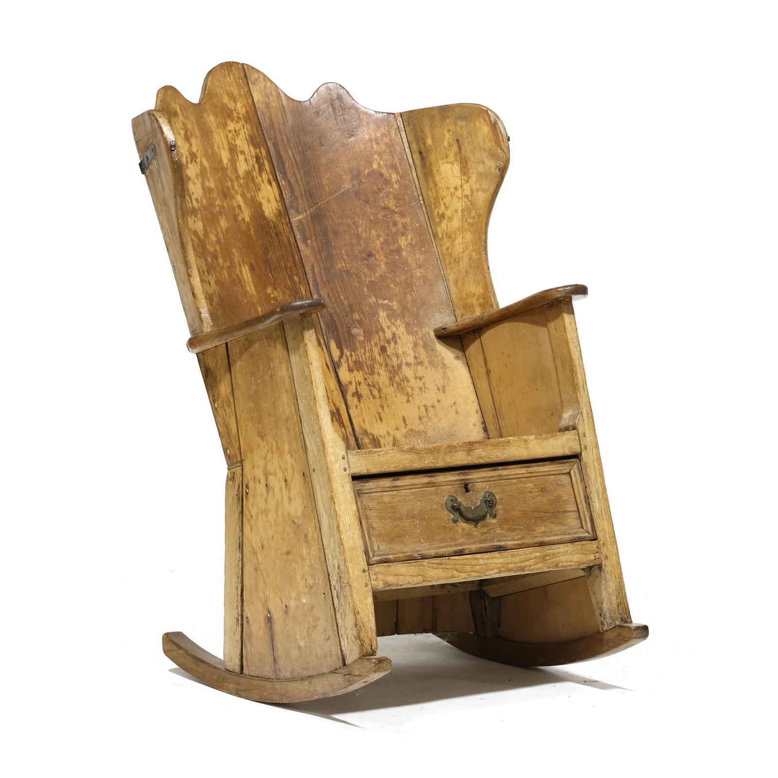 Antique Continental Barrel Back Rocking Chair: Antique Continental Barrel Back Rocking Chairlate 19th century, likely French, pine, scalloped crest rail, curved back, plank seat, shaped arms, paneled drawer. 45 x 28 x 27 in. Private Collection fro