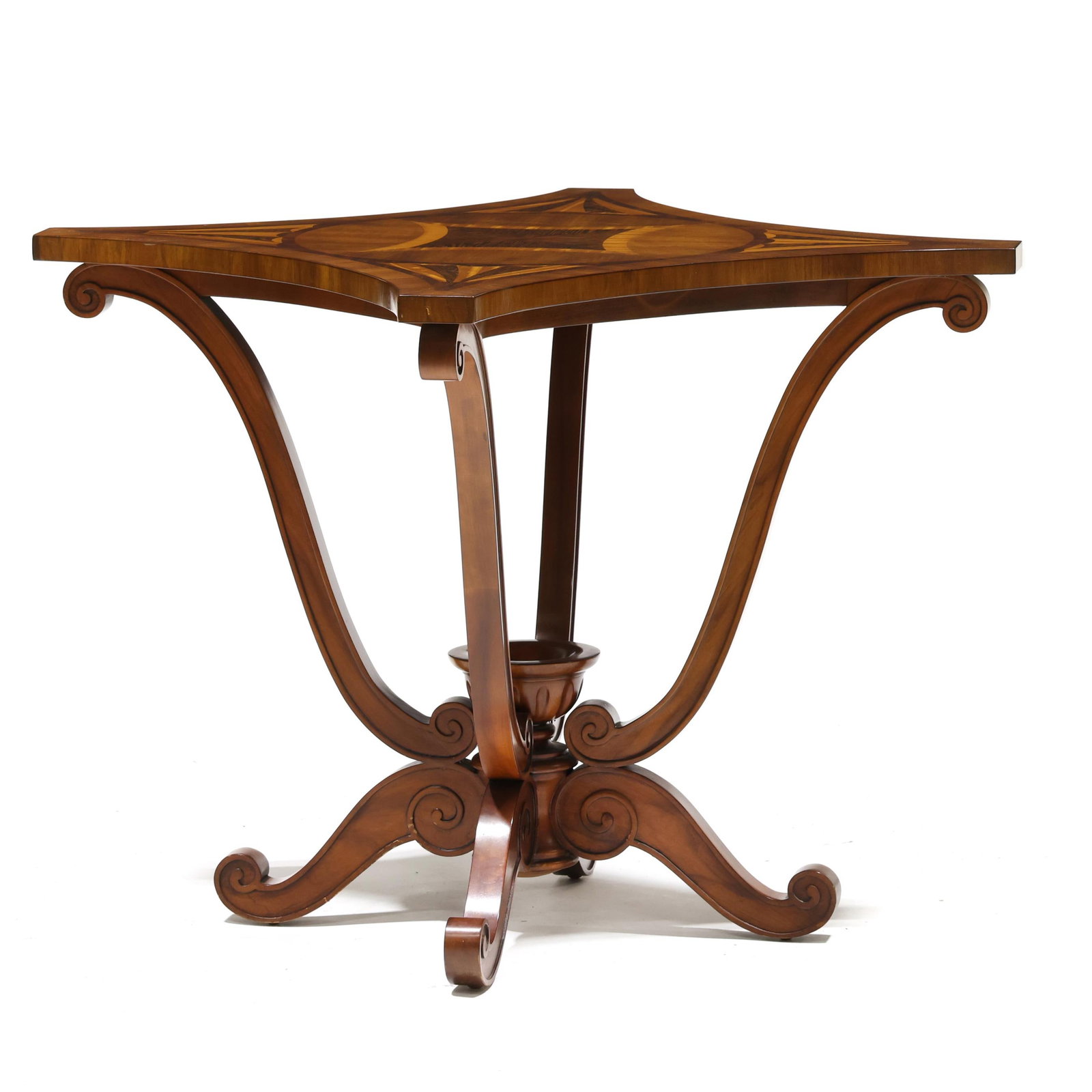 John Widdicomb, Parquetry Inlaid Pedestal Table: John Widdicomb, Parquetry Inlaid Pedestal Tablelate 20th century, mixed wood veneers, concave top with inlaid diamond and fan motifs, scrolled quadruped pedestal, labeled. 29 x 31 x 31 in. Private Col