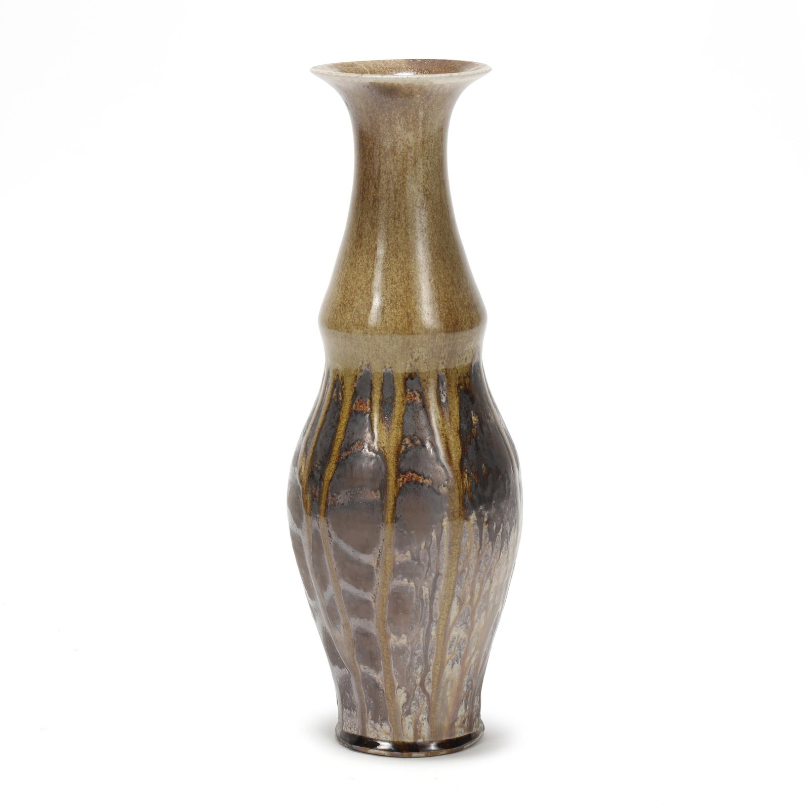 Joseph Sand (NC, b. 1982), Tall Two-Toned Pottery Vase: Joseph Sand (NC, b. 1982), Tall Two-Toned Pottery Vase2014, wood-fired stoneware vase with flared rim in metallic brown glaze with olive green glaze overlay to rim and neck with descending runs, stamp