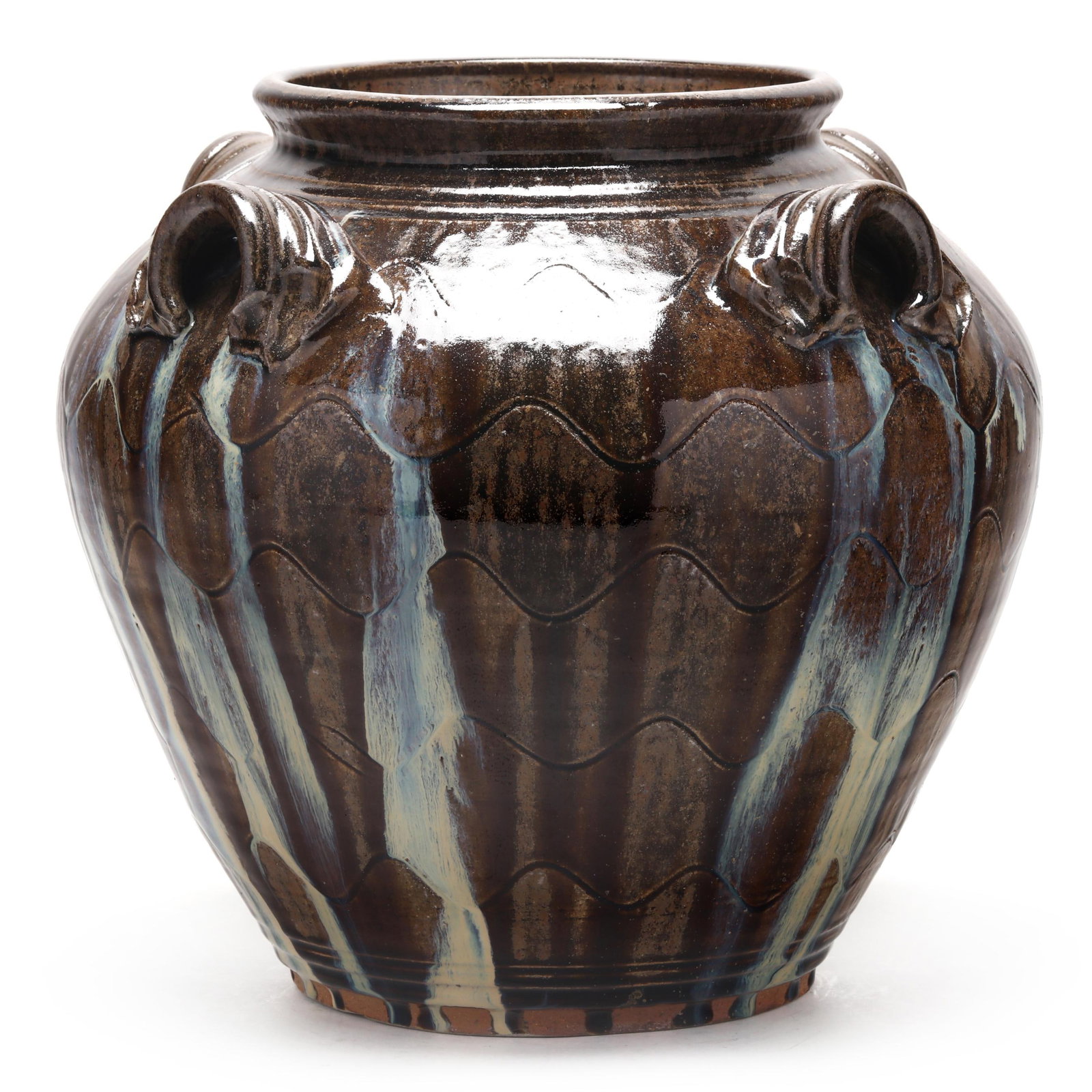 Kim Ellington (NC, b. 1954), Four Handled Low Vase: Kim Ellington (NC, b. 1954), Four Handled Low VaseVale, alkaline glazed wood-fired stoneware vase with four applied tooled lug handles, each handle featuring descending glass runs, the whole with inci