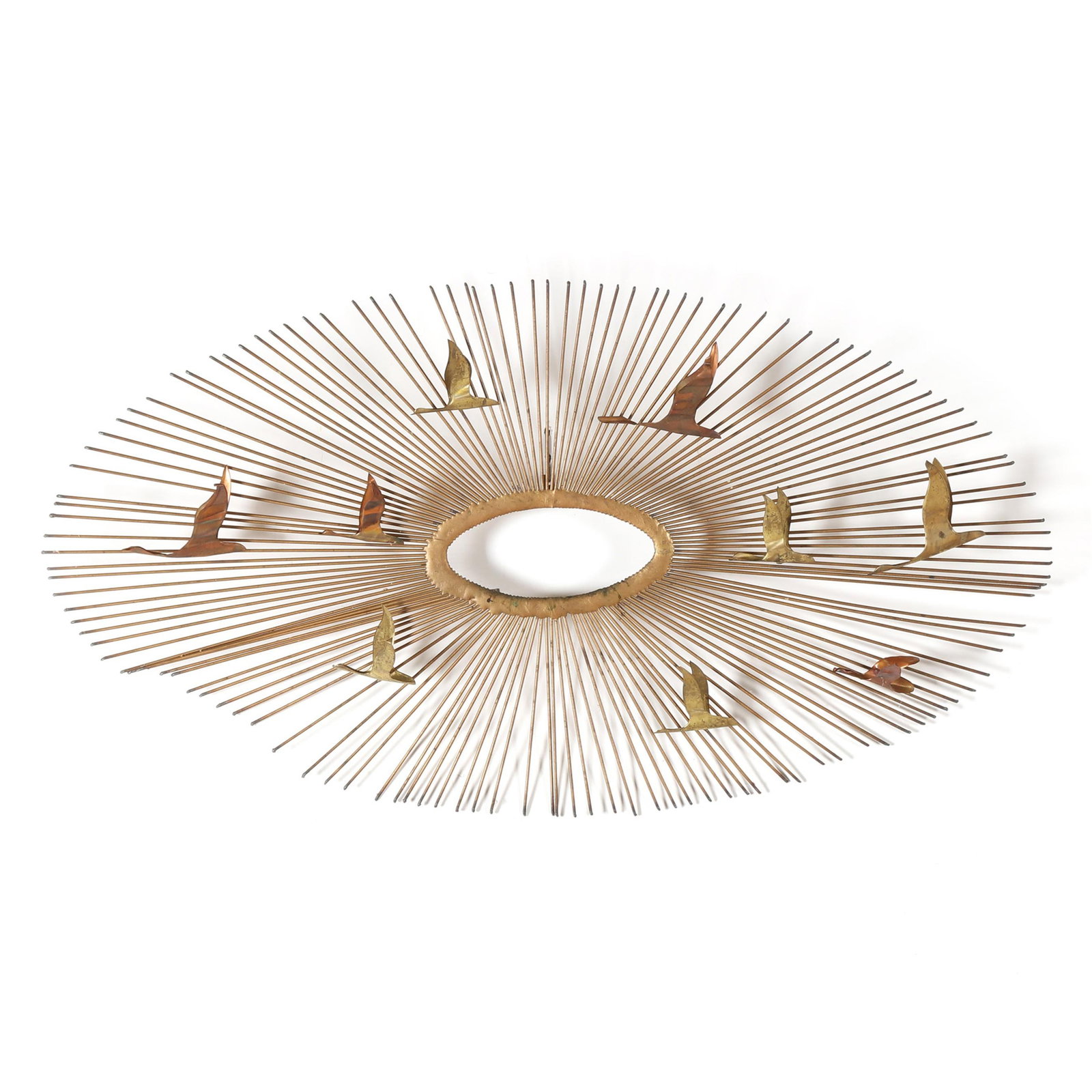 Attributed Curtis Jere, Metal Sunburst Wall Display with Birds: Attributed Curtis Jere, Metal Sunburst Wall Display with Birdslate 20th century, mixed metalwork with applied brass birds, appears unsigned. 20 x 37 1/4 x 6 1/2 in. Private Collection, Raleigh, North