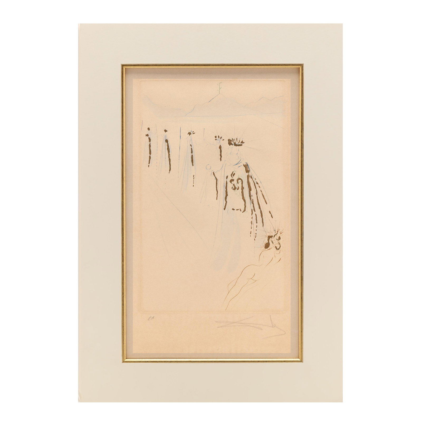 Salvador Dalí (Spanish, 1904–1989), Behold his bed, which is Solomon's: therefore...: Salvador Dalí (Spanish, 1904–1989), Behold his bed, which is Solomon's: therefore...drypoint etching with pochoir and gold dust, 1971, from Song of Songs of Solomon, pencil signed and marked as art