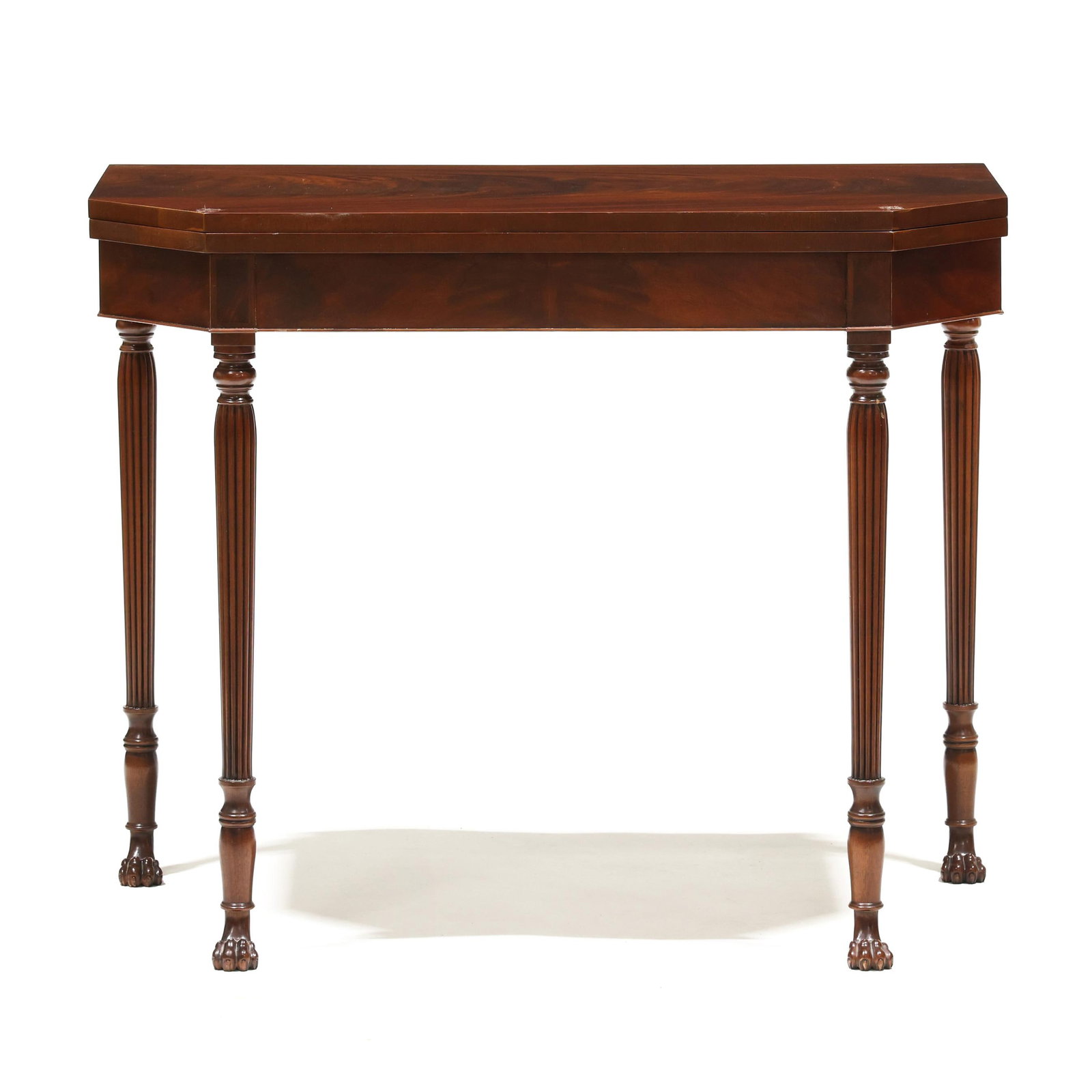 Baker, Colonial Williamsburg Restoration, Federal Style Card Table: Baker, Colonial Williamsburg Restoration, Federal Style Card Tablelate 20th century, rectangular top with canted corners, hinged lid swivel with green baize lined interior storage compartment, four re
