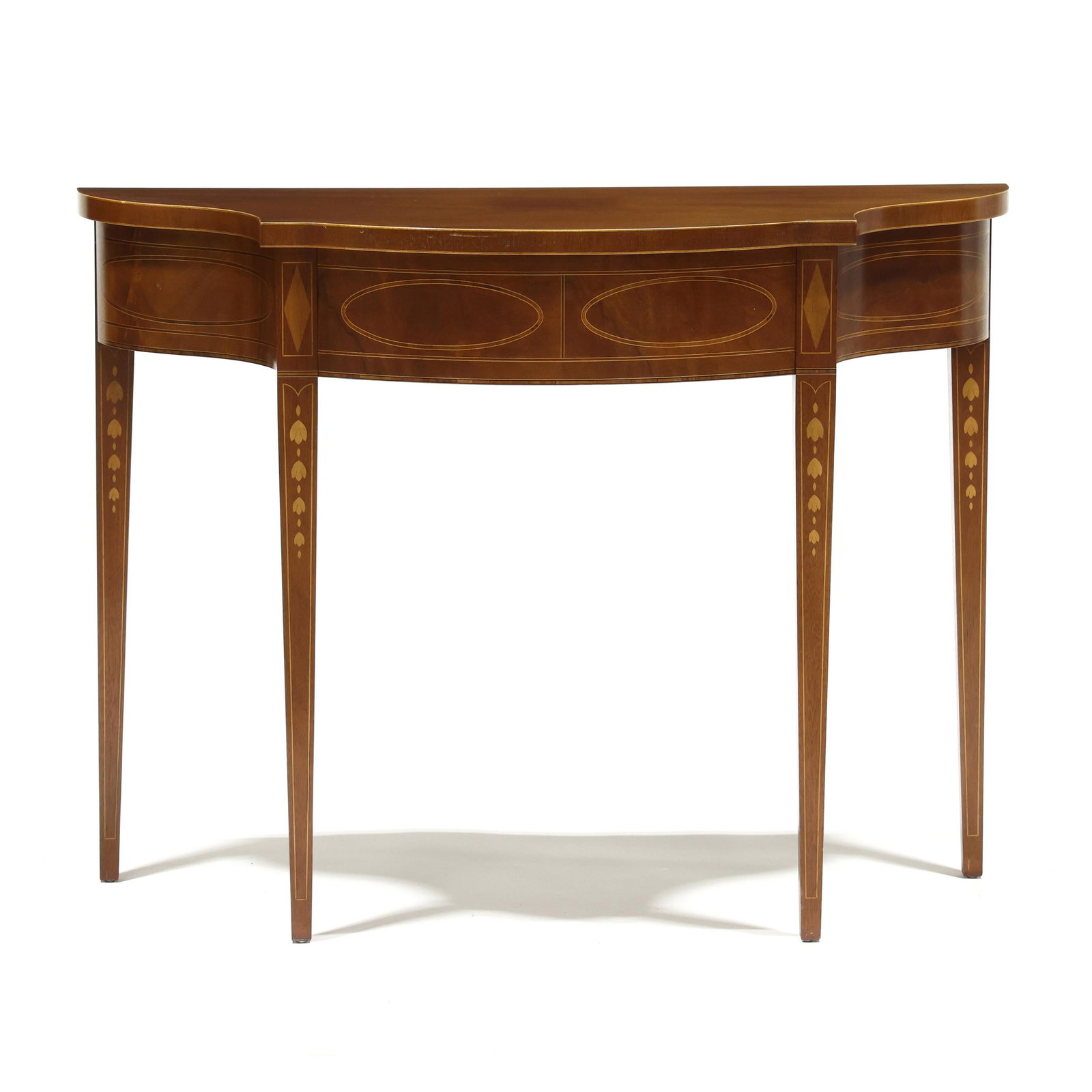 Baker, Historic Charleston Reproduction, Federal Style Inlaid Console Table: Baker, Historic Charleston Reproduction, Federal Style Inlaid Console Tablelate 20th century, serpentine form with light and dark wood inlays, conforming skirt with oval banded inlays, straight tapere