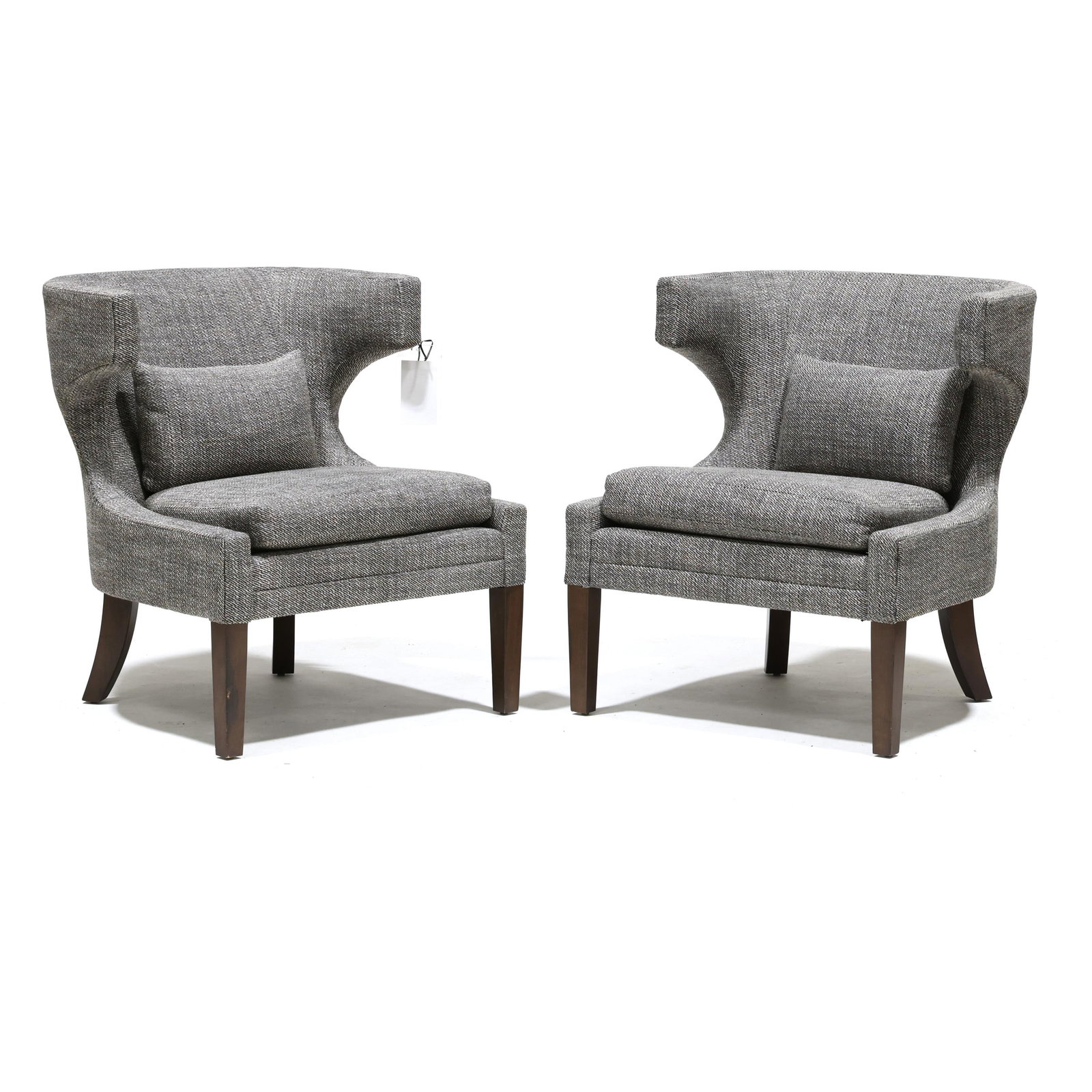 Browne & Moore, Pair of Faircourt Chairs: Browne & Moore, Pair of Faircourt Chairsblack and white woven upholstery, barrel back form, walnut tapered legs, with original hang tag. 33 x 28 x 26 in. Retail $5,400 each From the EJ Victor Showroom