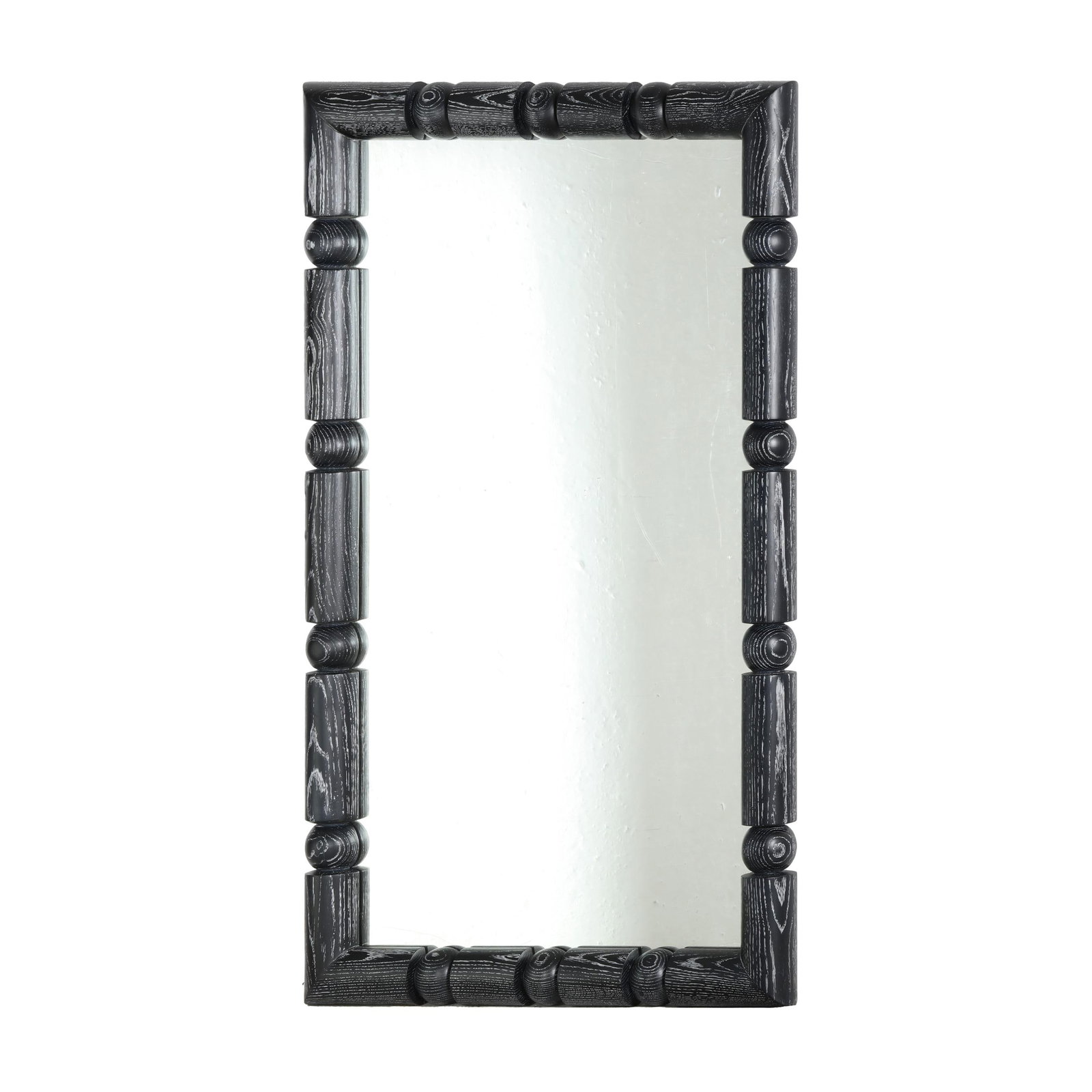 Modern History, Cerused Black Framed Mirror: Modern History, Cerused Black Framed Mirrorcontemporary, black lacquered hardwood frame with contrasting white waxed grain fill, unmarked. 54 x 34 in. Additional high-resolution photos are available