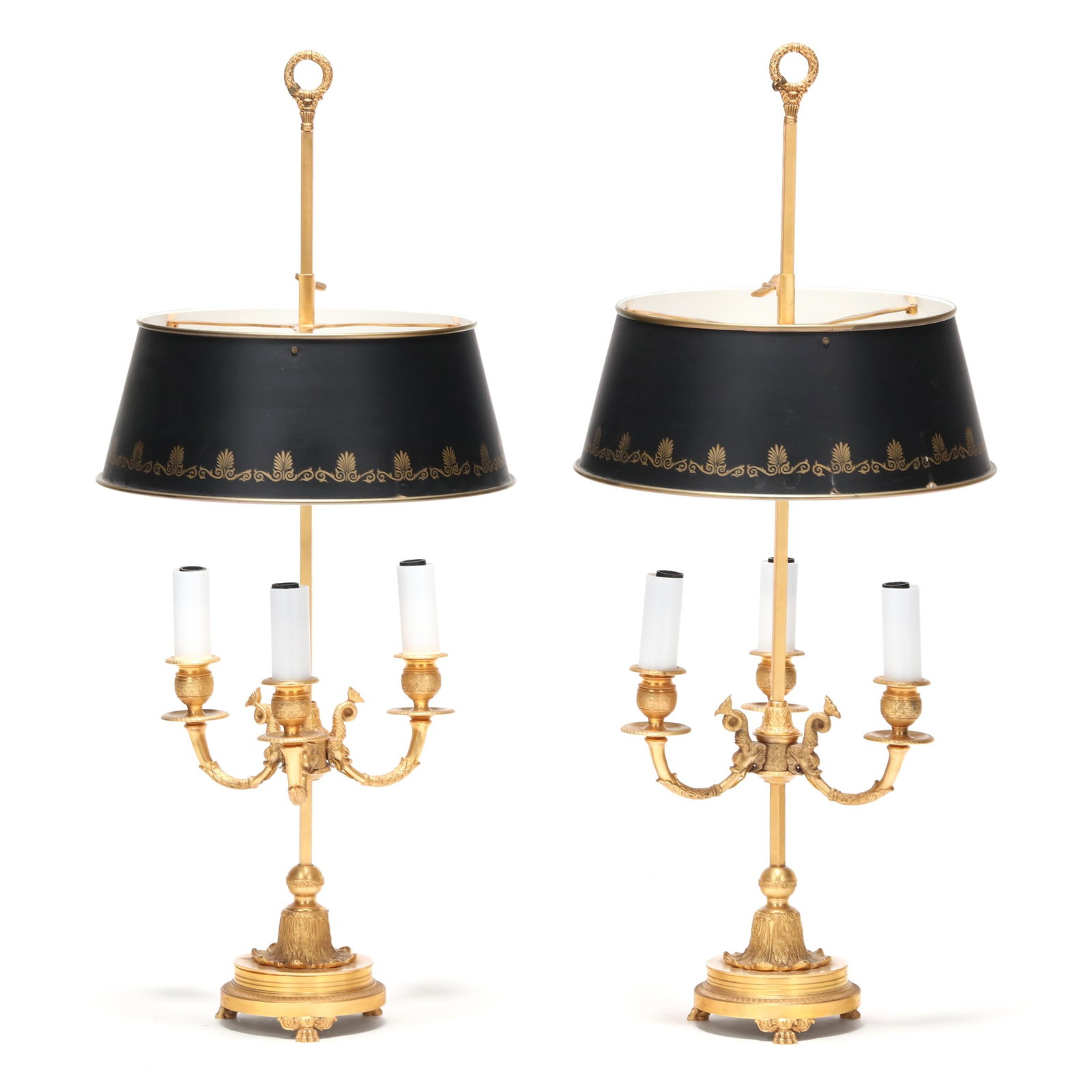 Pair of Louis XVI Style Bronze Dore Bouillotte Lamps with Dolphins (1 of 4)