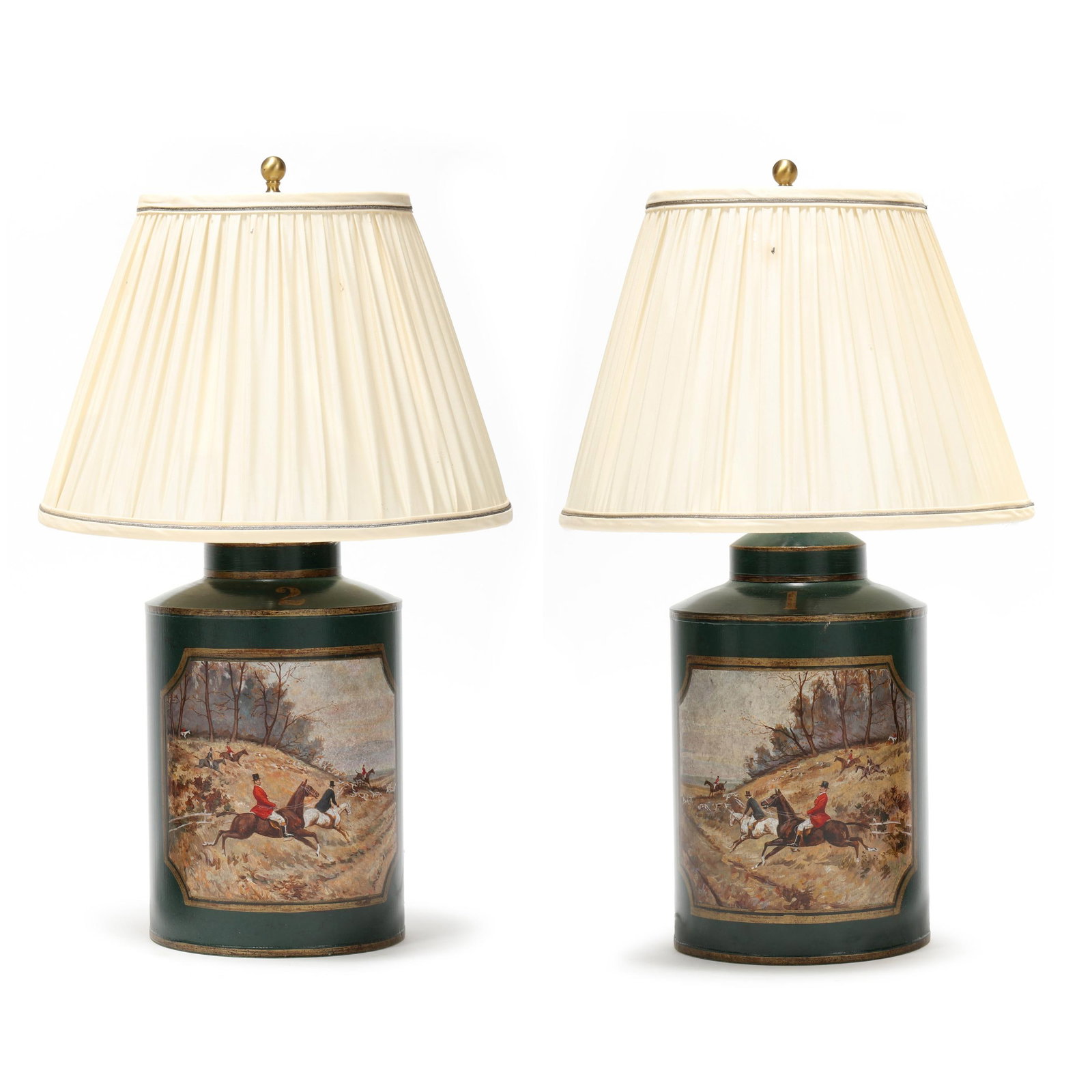 Pair of Tole Canister Table Lamps with Equestrian Scenes (1 of 3)