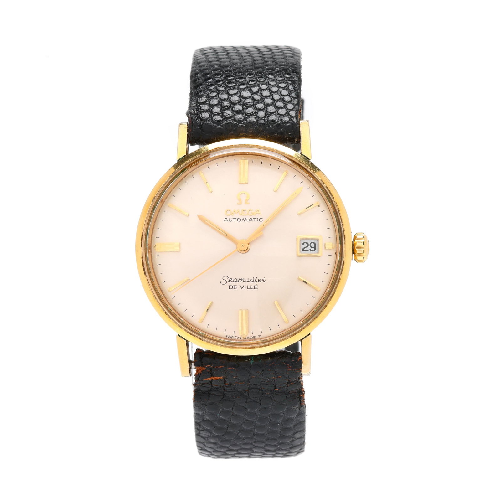 Vintage Gold-Filled Seamaster De Ville Watch, Omega: Vintage Gold-Filled Seamaster De Ville Watch, Omegacirca 1970, automatic, the round gold-filled case with polished bezel, the signed silver-tone dial with gold-tone baton hour markers, gold-tone stick