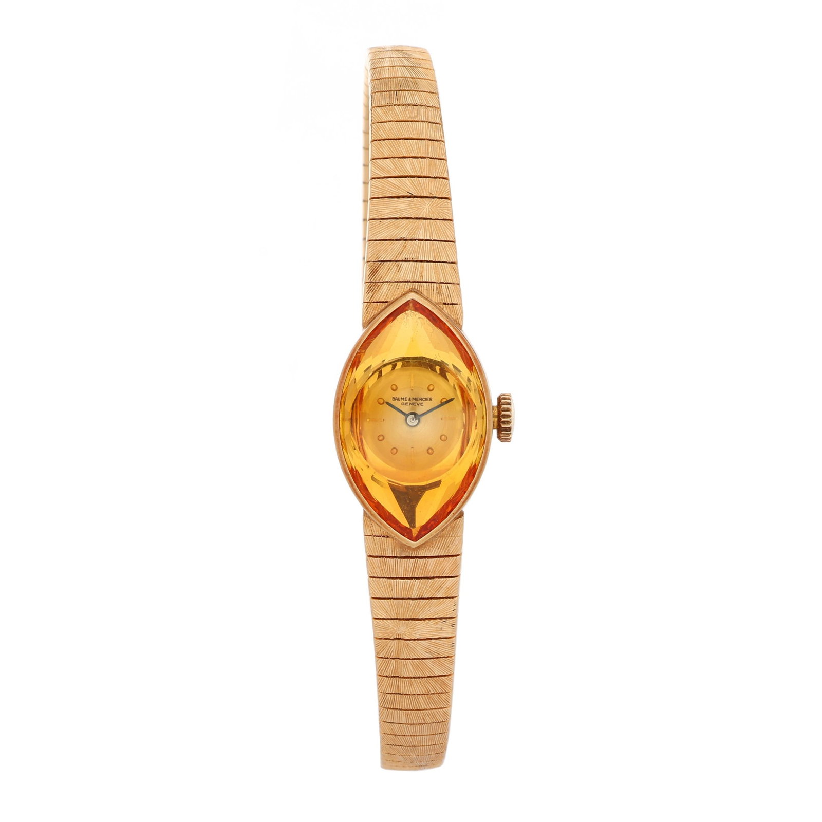 Vintage Lady's Gold Watch, Baume & Mercier: Vintage Lady's Gold Watch, Baume & Merciermanual wind, AS 1677, reference number 38157, serial number 2281(?)1, the navette-shaped gold case set with faceted yellowish orange sapphire crystal and with